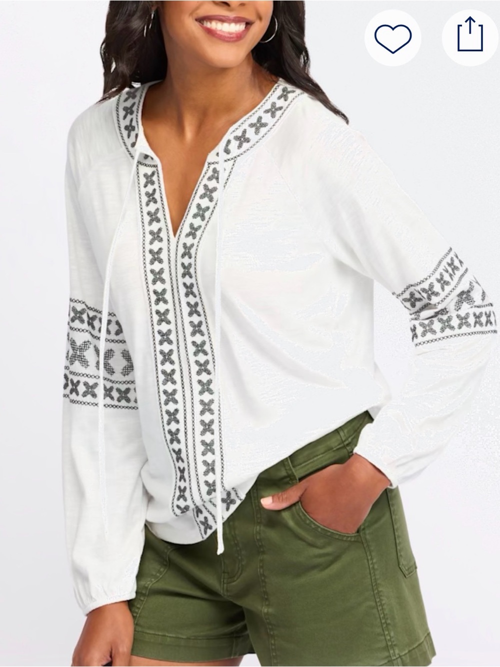 Market & Spruce White Peasant Blouse with Gray Embroidery